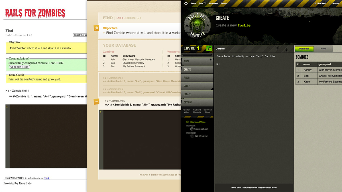 The progression of interface styles on Rails for Zombies