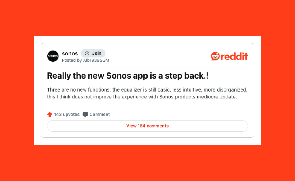 A screenshot of a Reddit post declaring that the new Sonos app is a step back.